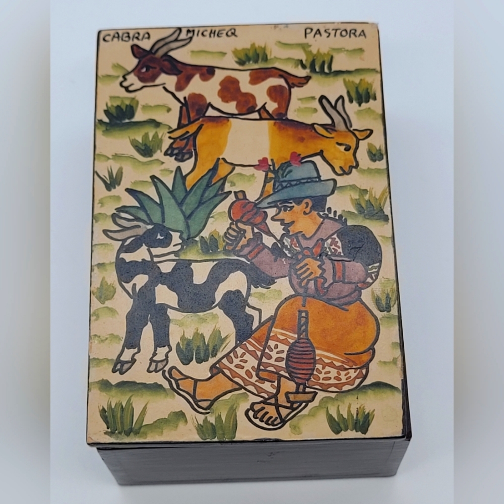 Folk Art Wooden Trinket Box Hand Painted Cabra Micheq Pastora